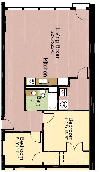Floor plan for 2 beds, 1 bath, 1230 sqft